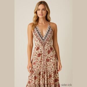 Women’s Deep V Neck Halter Floral Ruffle Maxi Dress M NWOT